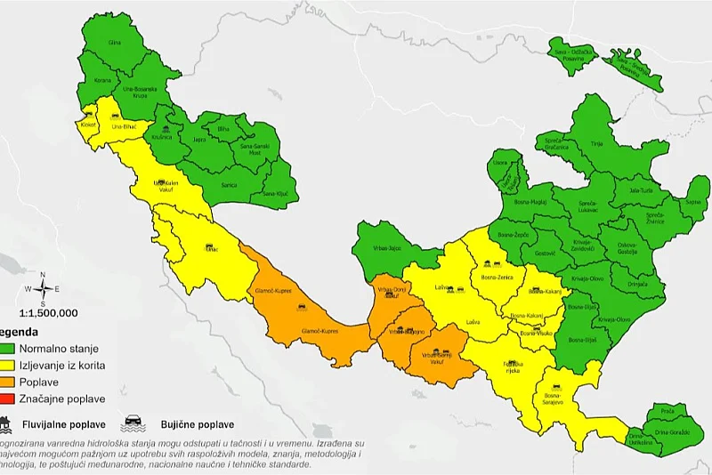 Izdato upozorenje za poplave za dio BiH, mapa pokazuje koja područja su najugroženija