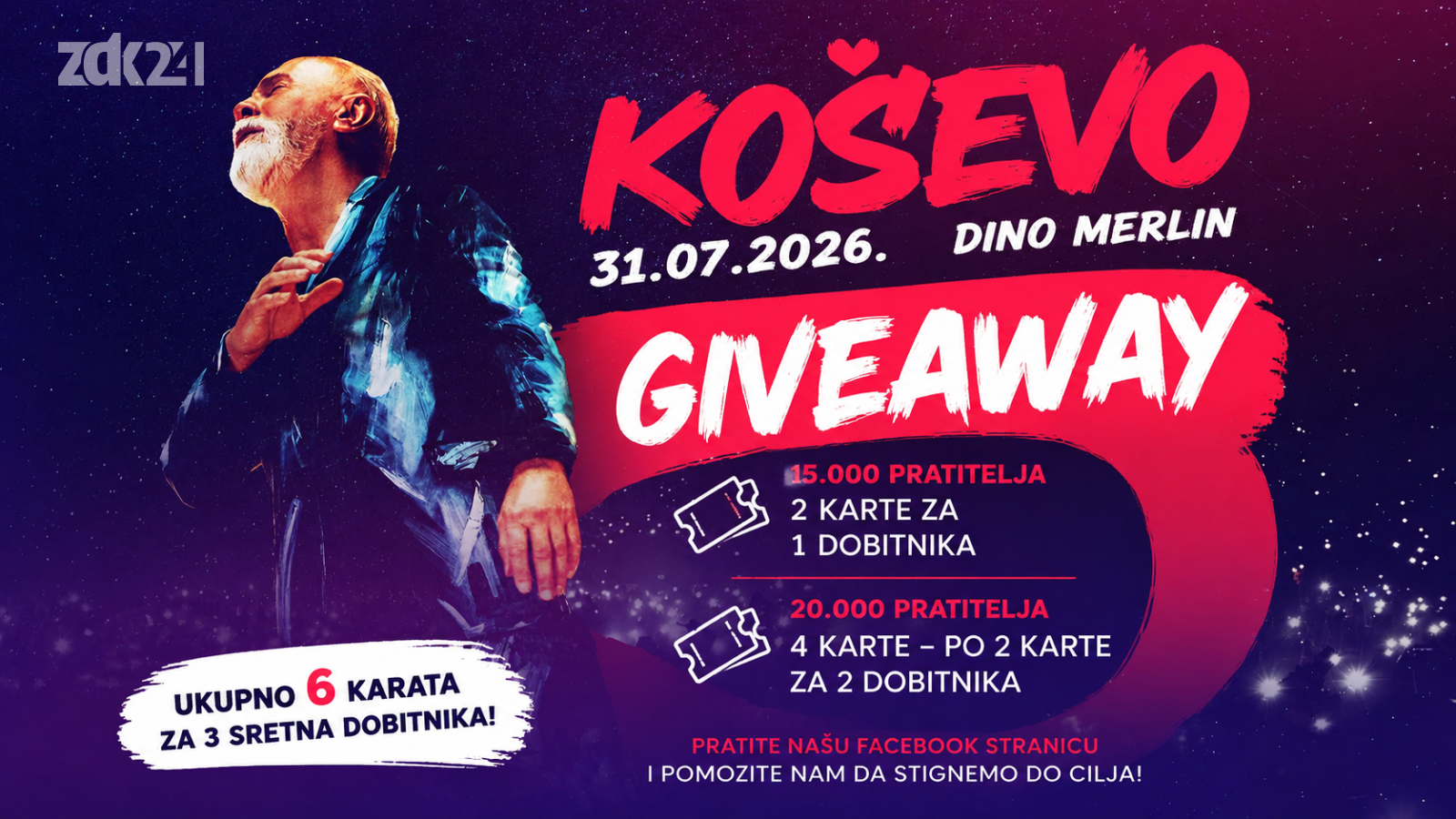 Poklanjamo ulaznice za veliki koncert Dine Merlina na Koševu